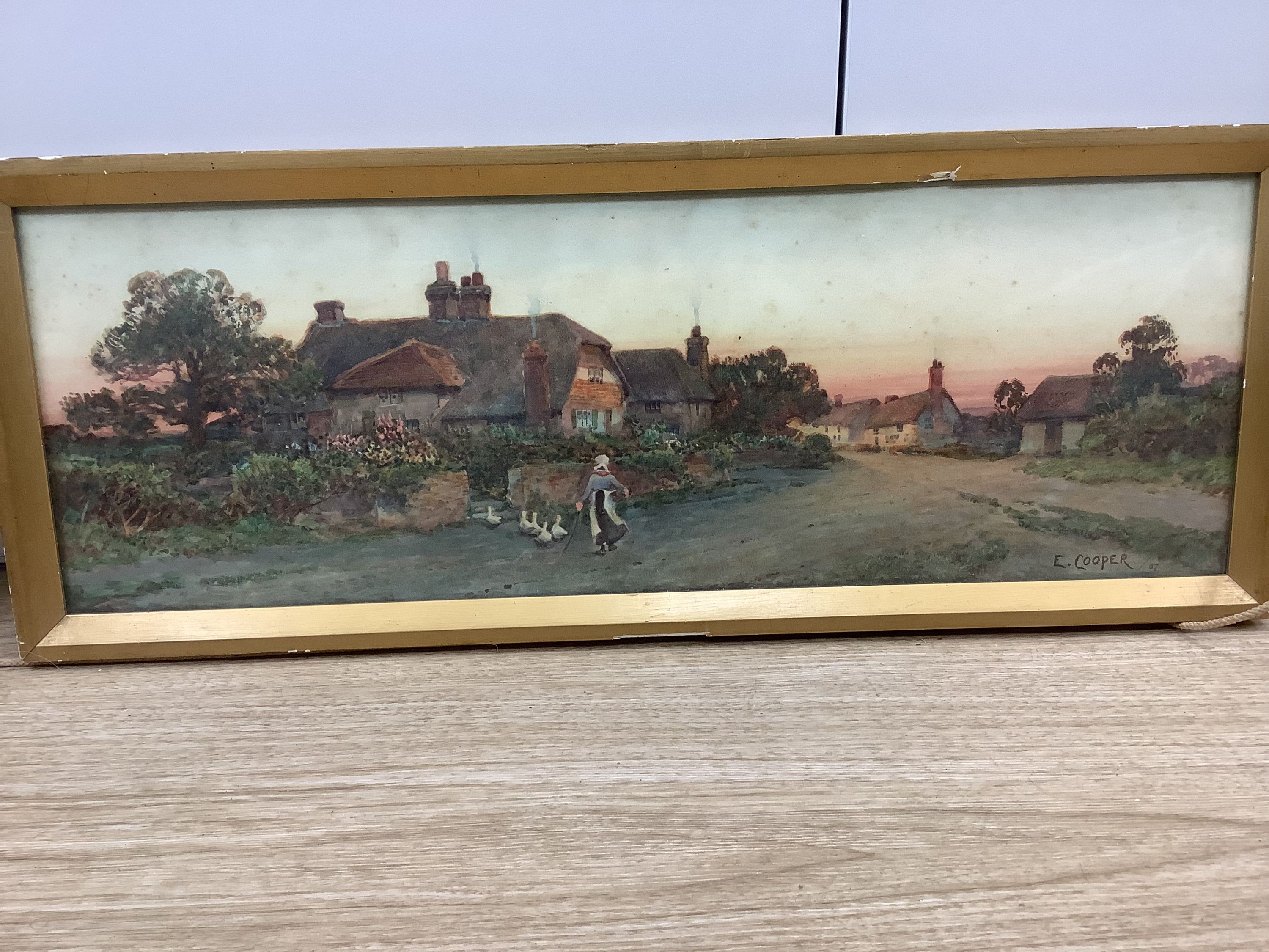 E.Cooper, pair of watercolours, Figures on lanes at sunset, signed and dated '07, 19 x 55cm